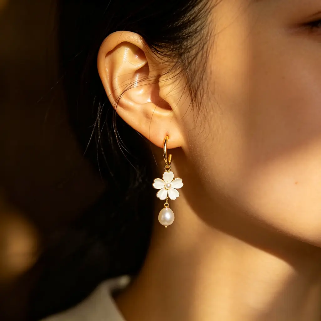 Customer wearing flower earrings