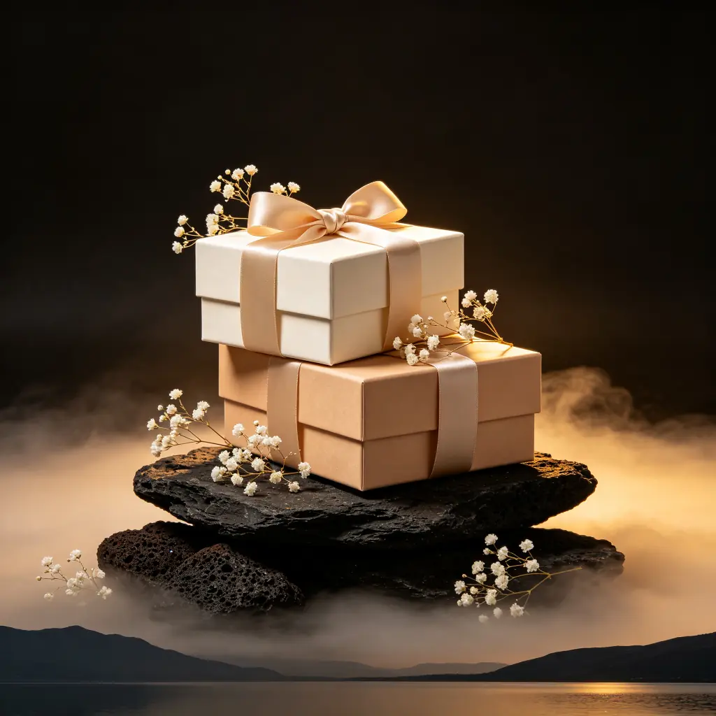 Gift boxes with ribbons and dried flowers