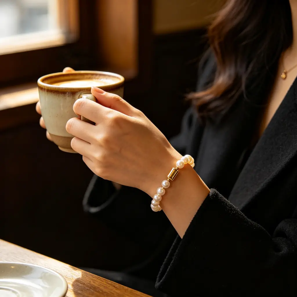 Customer wearing pearl bracelet