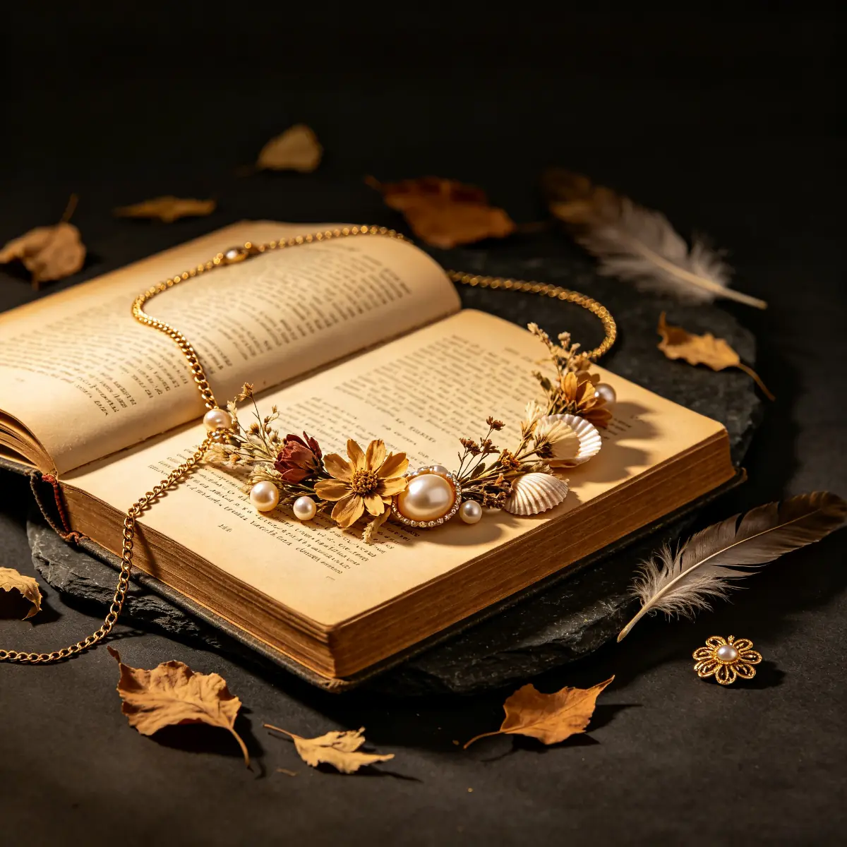 Botanical necklace on vintage book