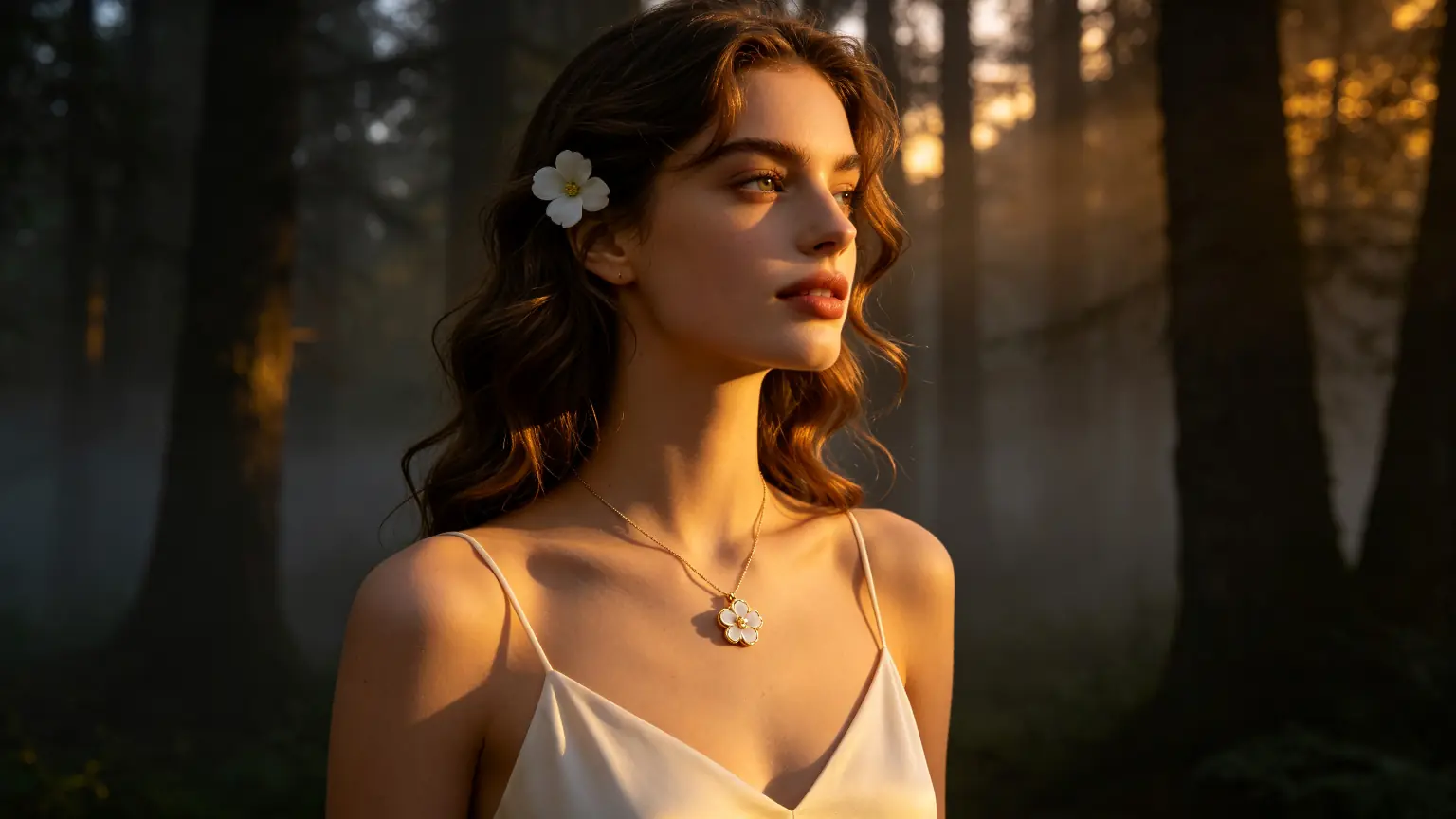 Woman in a misty forest wearing a Selmaraw flower pendant