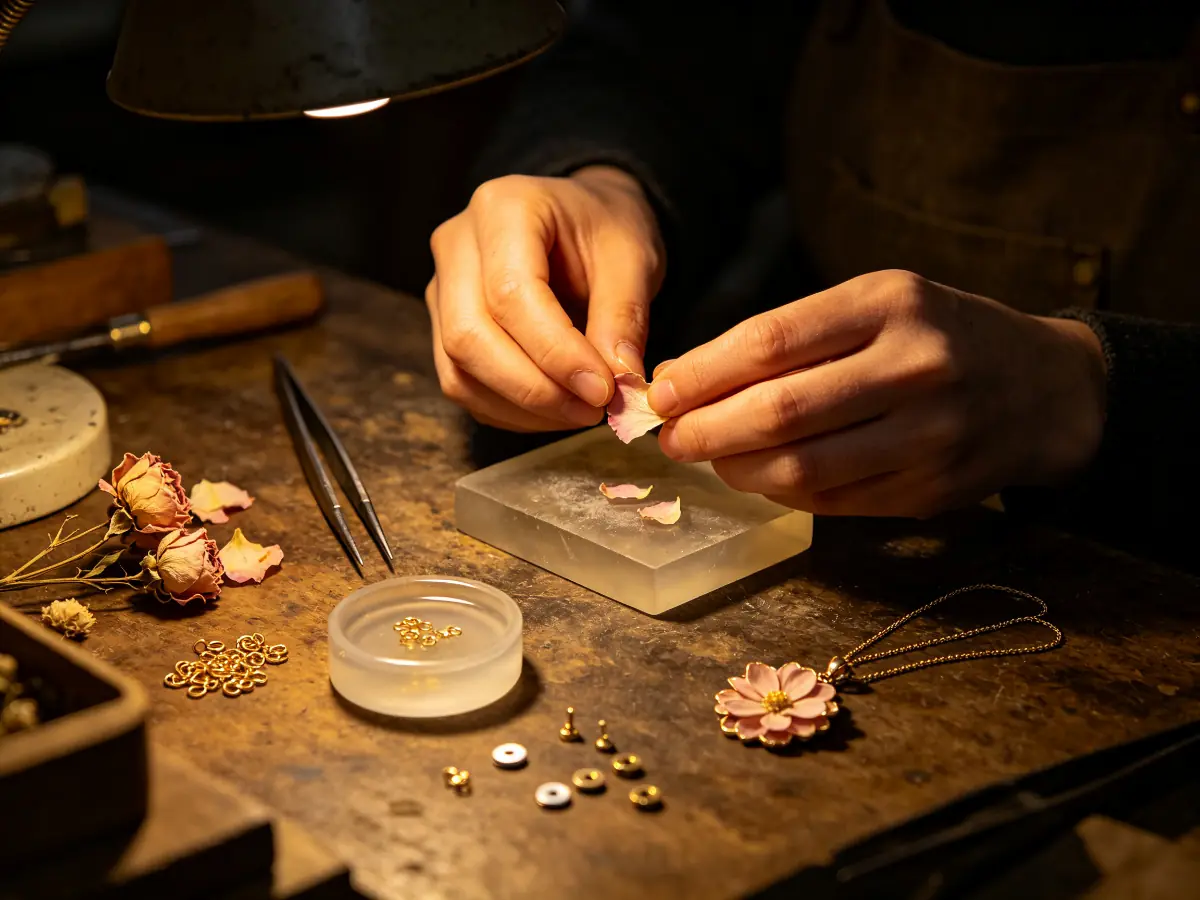Hands crafting jewellery at a workbench